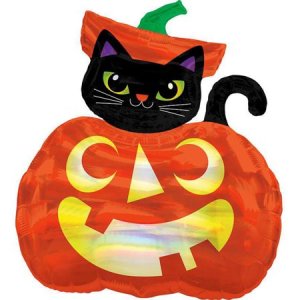 P40 Cat & Pumpkin Iridescent Holo Supershape Balloon Halloween (Without Air, Helium, and Ribbon)