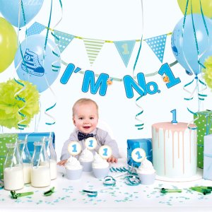 BOX Of Decorations First Birthday blue 42 Pieces