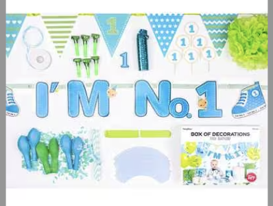 BOX Of Decorations First Birthday blue 42 Pieces