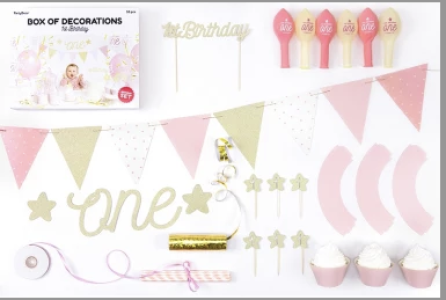 BOX Of Decorations 1ST Birthday Gold 33 Pieces