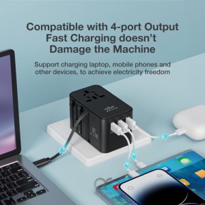 Brave Universal Travel Adapter, GaN3 Fast Charger 45W with Type-C Retractable Cable & 2 USB-A + 1 Type-C Port, 2500W Max, BTC-34 - Black