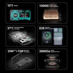 XPower MagDigita5 Color LED Display PD 3.0+QI2 MagCharge 5000mAh Aluminium Alloy Power Bank - BLACK