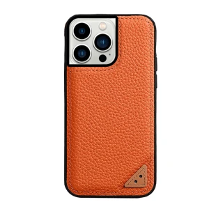 Melkco Ingenuity Series Lai Chee Pattern Premium Leather Snap Cover Case For iPhone 13 Pro Max - Orange